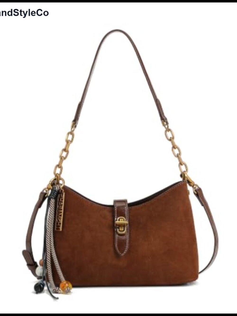 Faux Suede Crescent Hobo Shoulder Bag with Chain & Crossbody Strap